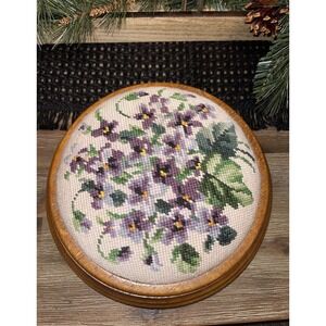 Vintage Victorian‎ Walnut Footstool Turned Leg Original Needlework Upholstery